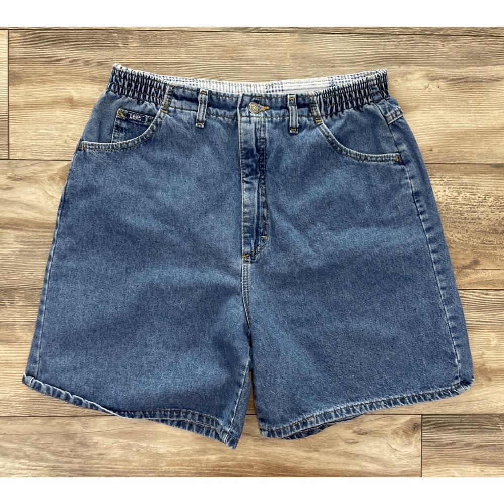 Vintage Lee Denim Shorts Elastic Waist Relaxed Fit Blue Women Size 16 MED